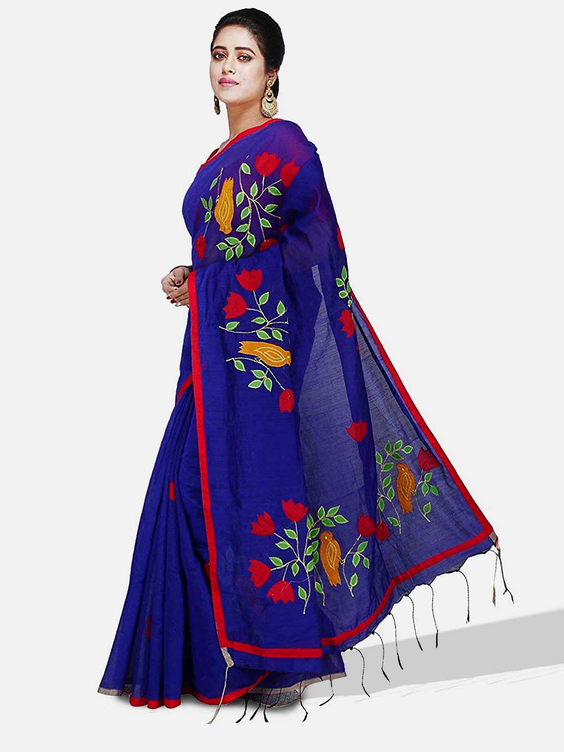 Women`s Bengal Cotton Traditional Handloom Cotton Silk Tant Saree Bird Design With Blouse Piece (Blue)